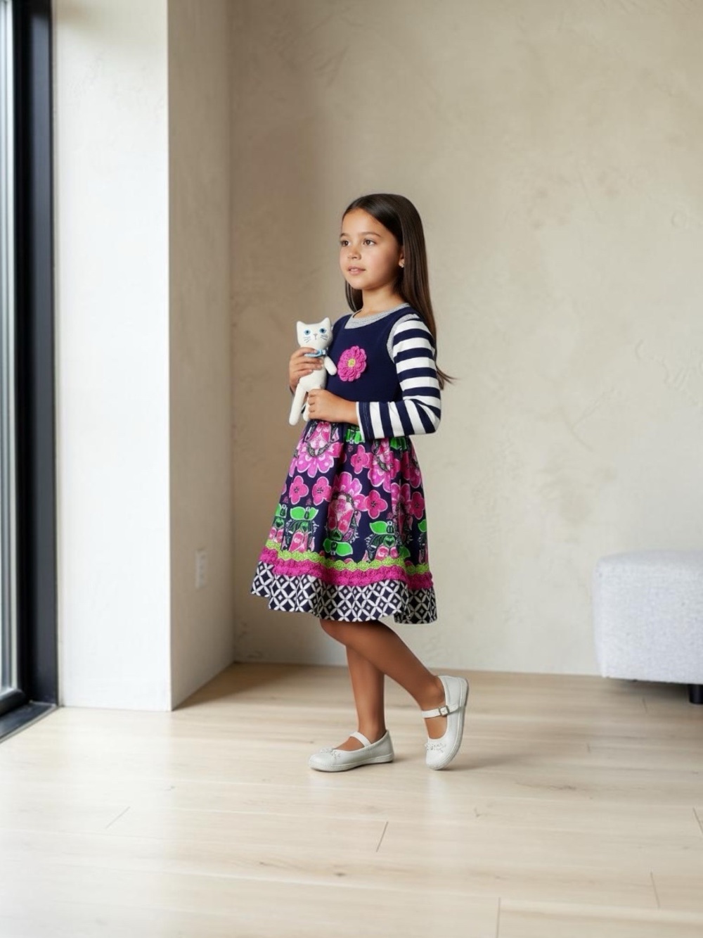 Navy & Pink Floral Stripe Girls' Casual Sweater Dress with Decorative Flower - Picture 12 of 14